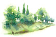 Watercolor Sketch Scene with Cypress Trees and Bushes on Hill
