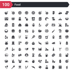 100 food icons set such as milk shake, protection gloves, condiment, ribs, shrimps, brochette, barbecue grill, slotted spoon, lollypop