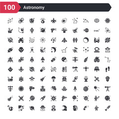 100 astronomy icons set such as rocket start, shooting star, death star, big moon, astronaut user, u