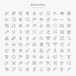 100 astronomy outline icons set such as rocket start, shooting star, death star, big moon, astronaut user, ufo and cow, saturn, galaxy view