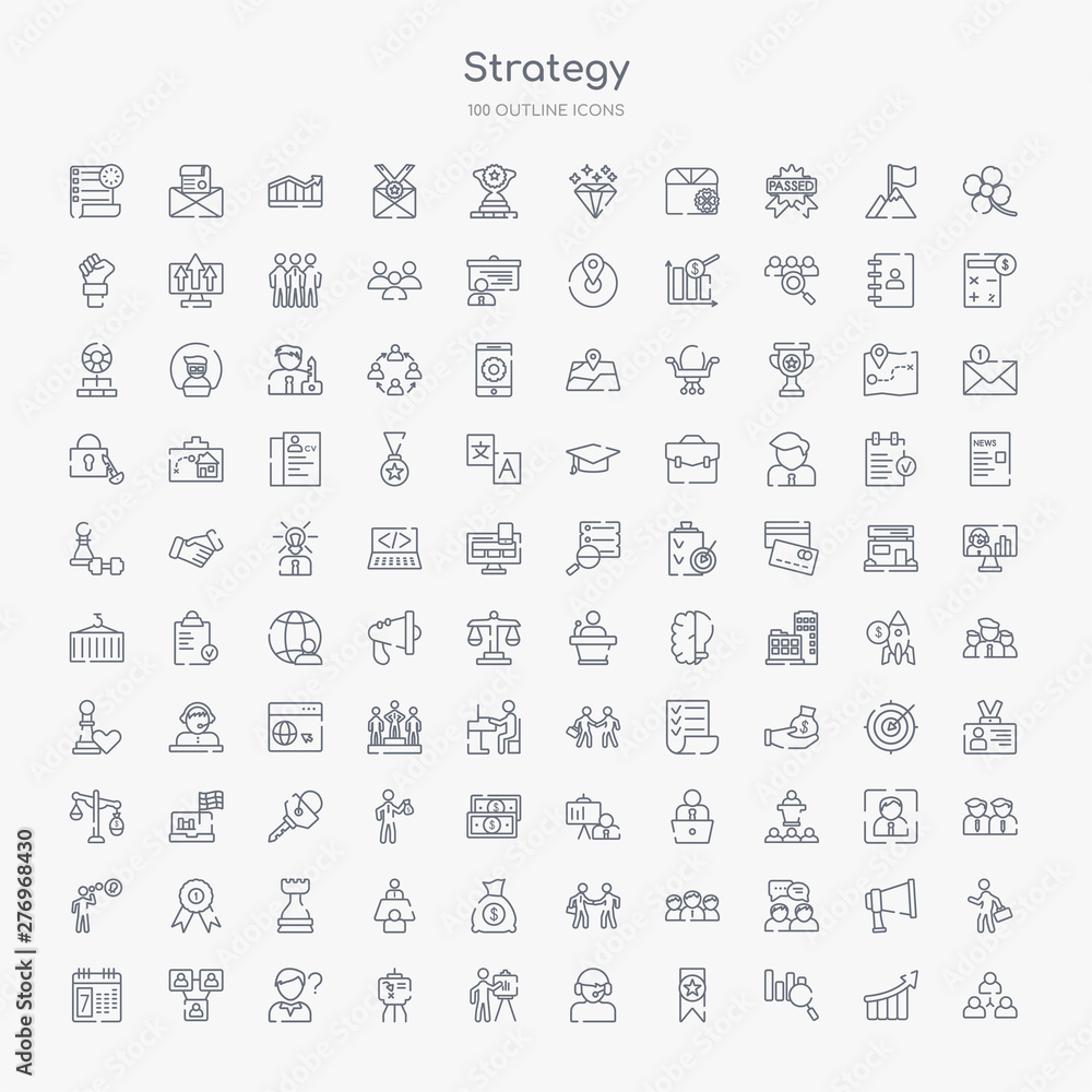 100 strategy outline icons set such as collaboration, analysis, award ...