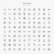 100 nautical outline icons set such as skull and bones, lighthouse, sailboat, fish, seagull, pearl, whale, oxygen tank