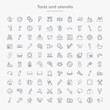 © zaurrahimov - 100 tools and utensils outline icons set such as megaphone side view, highlight, edit picture, recycling bin, cross wrench, air conditioning, reparation, key ring