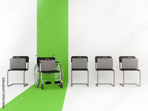 Wheelchair among office chairs with cases. Concept of equality. Vacancy for a disabled person. 3D rendering.