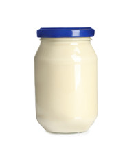Delicious Mayonnaise Sauce In Glass Jar On White Background