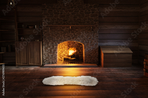 Inside A Log Cabin With A Warm Fire And A Rug On The Floor 3d