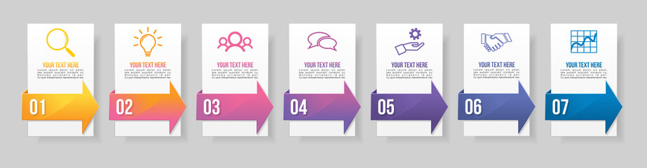 Wall Mural - Timeline Infographic Design Template with 7 Options Steps. Start to goal line process. Used for info graph, presentations, process, diagrams, annual reports, workflow layout. Vector Illustration