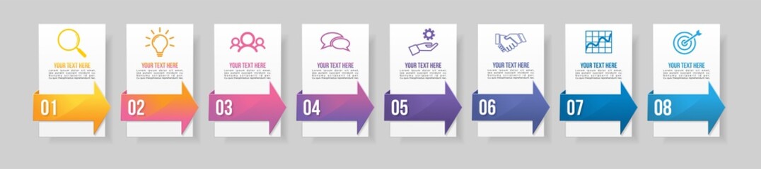 Wall Mural - timeline infographic design template with 8 options steps. start to goal line process. used for info