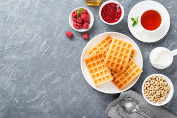 Wall Mural - Traditional belgian waffles with fresh raspberry and jam on gray background.