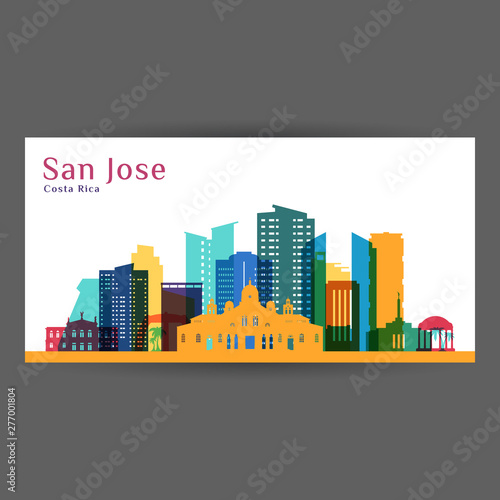 San Jose city, Costa Rica architecture silhouette. Colorful skyline. City flat design. Vector business card. © greens87