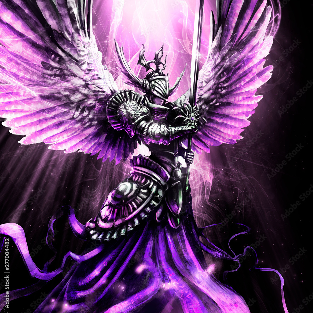 Beautiful purple angel in armor and with a sword, hovering in the