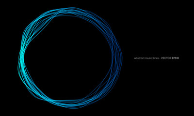 Poster - Vector abstract wavy circles lines round frame blue color isolated on black background. Technology modern concept