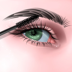 Wall Mural - illustration with female eye, long eyelashes and mascara brush, Realistic vector illustration