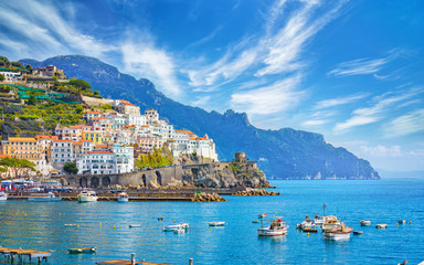 Sticker - Beautiful Amalfi on hills leading down to coast, comfortable beaches and azure sea on Amalfi Coast in Campania, Italy