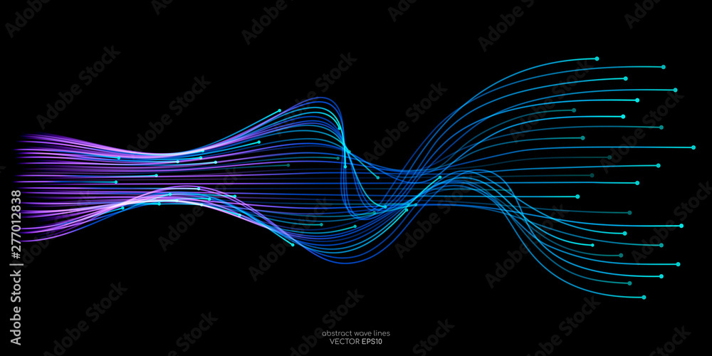 Vector wave lines flowing dynamic in blue green colors isolated on black background for concept of AI technology, digital, communication, science, music - obrazy, fototapety, plakaty 