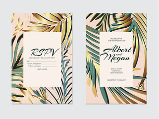 Wall Mural - Wedding card invitation with palm leaves. gold foil and foliage elements. Trendy pattern, graphic poster, geometric brochure, cards. Vector illustration.