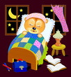 Illustration for baby book. Little teddy bear is sleeping at night in his bed after reading. Good night. Cover for children textbook. Back to school. Hand-drawn vector cartoon image.