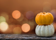 Happy Halloween Cute Lovely Pumpkin Colorful Orange White Veggie Stack On Grunge Wood, Candle Light Bokeh