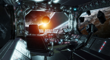 Poster - Spaceship grunge interior control room with view on space 3D rendering elements of this image furnished by NASA