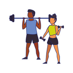 Couple training sports cartoons isolated blue lines