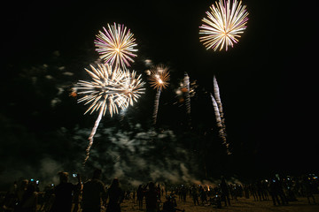 Real Fireworks on Deep Black Background Sky on Futuristic Fireworks festival show before independence day on 4 of July