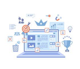 Wall Mural - Quality content, content management, optimization, filtration, rating. Flat web page design template on the laptop screen, growing graphics, winner's cup, target. Vector illustration on white 