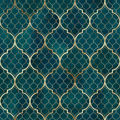 Wall Mural - Watercolor abstract geometric seamless pattern. Arab tiles. Kaleidoscope effect. Watercolour vintage mosaic texture