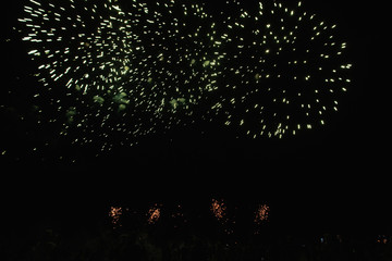 Real Fireworks footage 4k video on Deep Black Background Sky on Futuristic Fireworks festival show before independence day on 4 of July