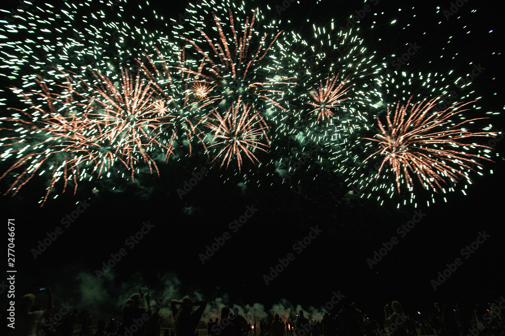 Real Fireworks footage 4k video on Deep Black Background Sky on