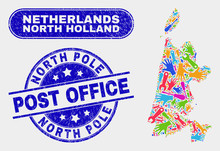 Tools North Holland Map And Blue North Pole Post Office Scratched Seal. Colorful Vector North Holland Map Mosaic Of Tools Parts. Blue Round North Pole Post Office Imprint.