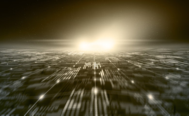 Aufkleber - Futuristic world. Digital technology in global cyberspace. Blockchain network and artificial intelligence. 3D illustration of urban space in a new smart reality