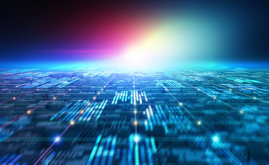 Fototapete - Futuristic world. Digital technology in global cyberspace. Blockchain network and artificial intelligence. 3D illustration of urban space in a new smart reality