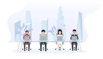 Office interior with employees. Creative office workspace with a large window and a modern city behind, desktop, laptop.