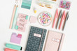 School supplies. Stylish stationery in pink and blue pastel color. Flat lay, top view.