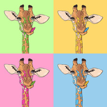 Vector Sketching Illustrations. Portrait Of Multicolored Funny Giraffe.