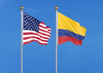 Wall Mural - United States of America vs Colombia. Thick colored silky flags of America and Colombia. 3D illustration on sky background. - Illustration