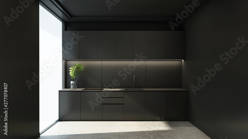 Kitchen Design Modern Minimal Black Wall Concrete Floor Floating Cabinet Black Cabinet Black Counter Top Black Ceiling 3d Render Stock Illustration Adobe Stock