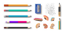 Realistic Pencils. 3D Colored School Stationery With Sharpener And Shavings. Vector Set Isolated Wooden Graphite Sharpened Pencils With Rubber Of Different Size
