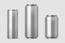Beer Can Mockup. Realistic Aluminum Metal Can For Soda, Different Types Of Blank Can With Copy Space. Vector Isolated Steel Boxes Storage Set