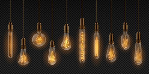 Realistic light bulb. Electric incandescent lamps, interior decoration elements, glowing light bulbs hanging on wire. Vector set realistic edison objects on transparent background