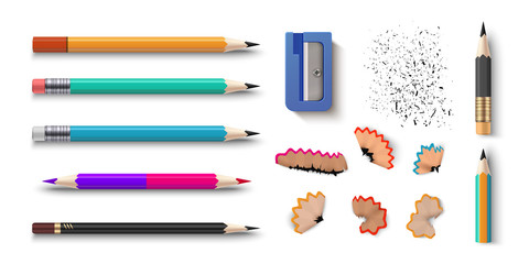 realistic pencils. 3d colored school stationery with sharpener and shavings. vector set isolated woo
