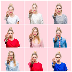 Sticker - Collage of young beautiful blonde woman over pink isolated background doing stop sing with palm of the hand. Warning expression with negative and serious gesture on the face.