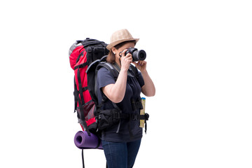 Wall Mural - Aged female tourist isolated on white 