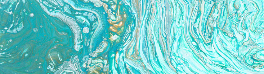 photography of abstract marbleized effect background. Blue, mint, gold and white creative colors. Beautiful paint. banner