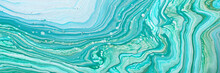 Photography Of Abstract Marbleized Effect Background. Blue, Mint, Gold And White Creative Colors. Beautiful Paint. Banner