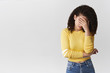 © Cookie Studio - Omg why me god. Embarrassed tired young girlfriend humiliated unacceptable behaviour friend hide eyes make facepalm annoyed standing upset exhausted fed up, white background