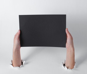 Wall Mural - Female hands holding black sheet of paper for copy space through the torn holes of a white background. Creative art