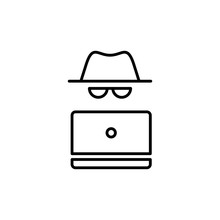 Vector Outline Anonymous Icon. An Incognito Face In Hat And Glasses With Laptop Isolated On White Background. Concept Of Web Anonymity, Cyber Security And Theft, Fraud Protection, Hacker Activity.