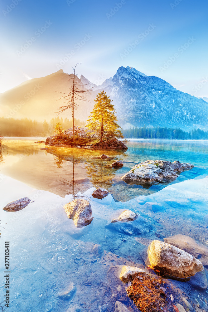 Germany, lake Hitnersee. Charming view of sunrise mountain lake Hintersee in Germany. Vertical orientation photo landscape. - obrazy, fototapety, plakaty 