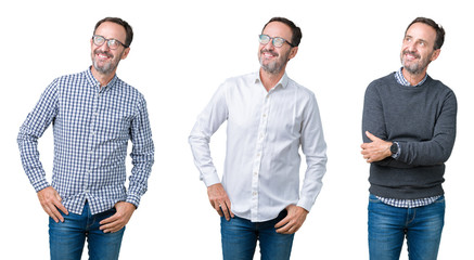 Collage of handsome senior business man over white isolated background smiling looking side and staring away thinking.